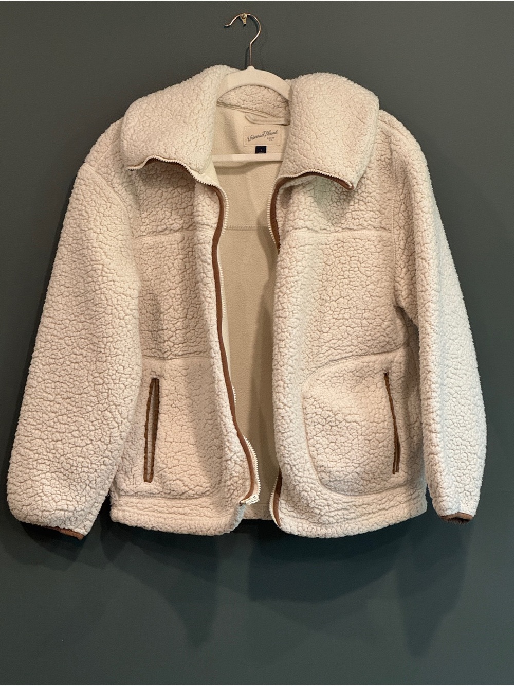Universal Thread Cream Sherpa Zip-Front Jacket with Contrast Trim